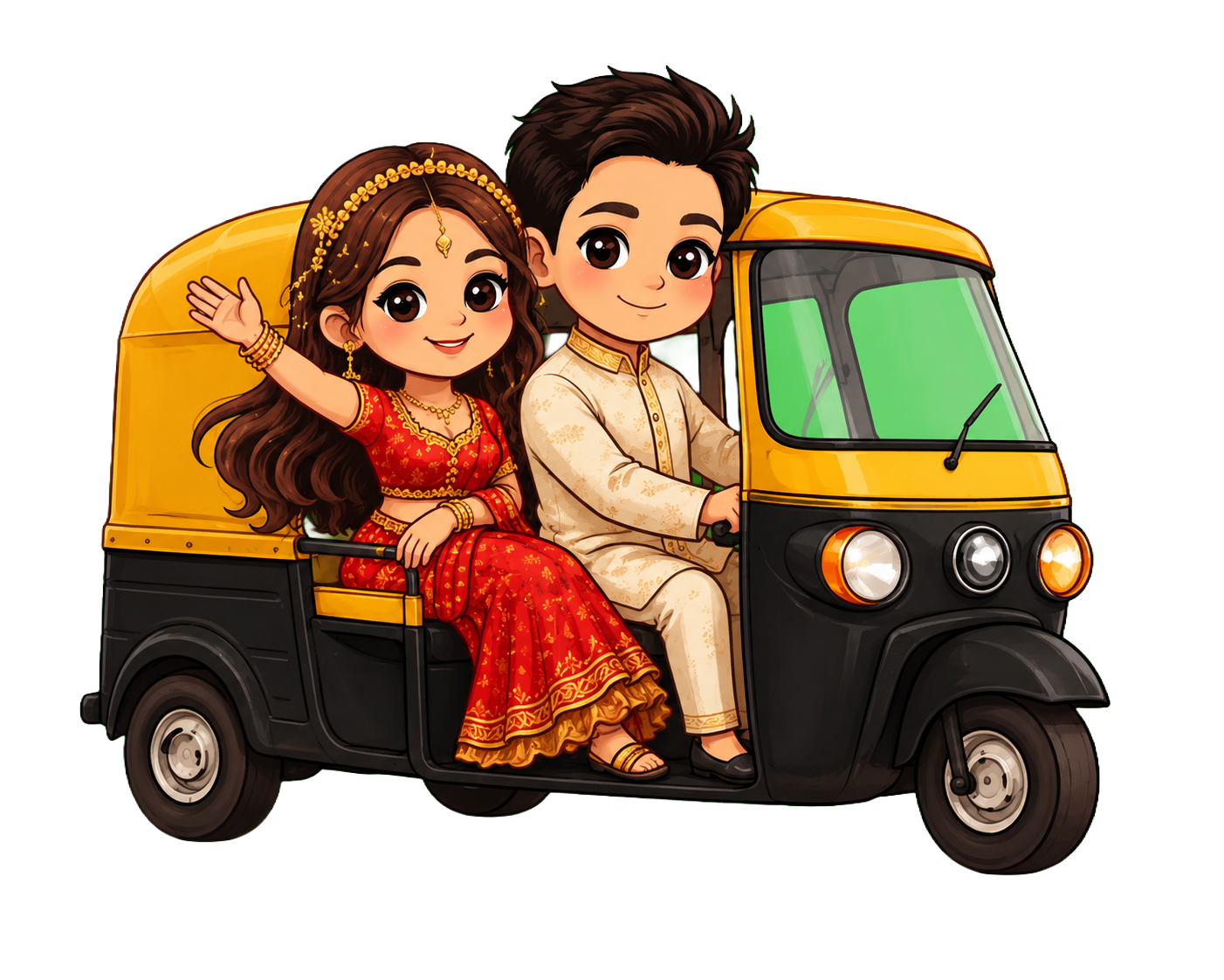 Shriya and Tanuj in wedding attire riding a yellow auto-rickshaw