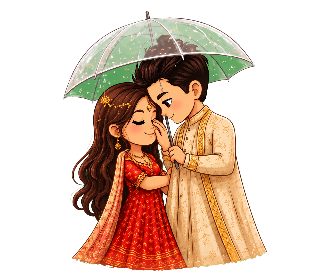 Shriya and Tanuj sharing a clear umbrella in the rain