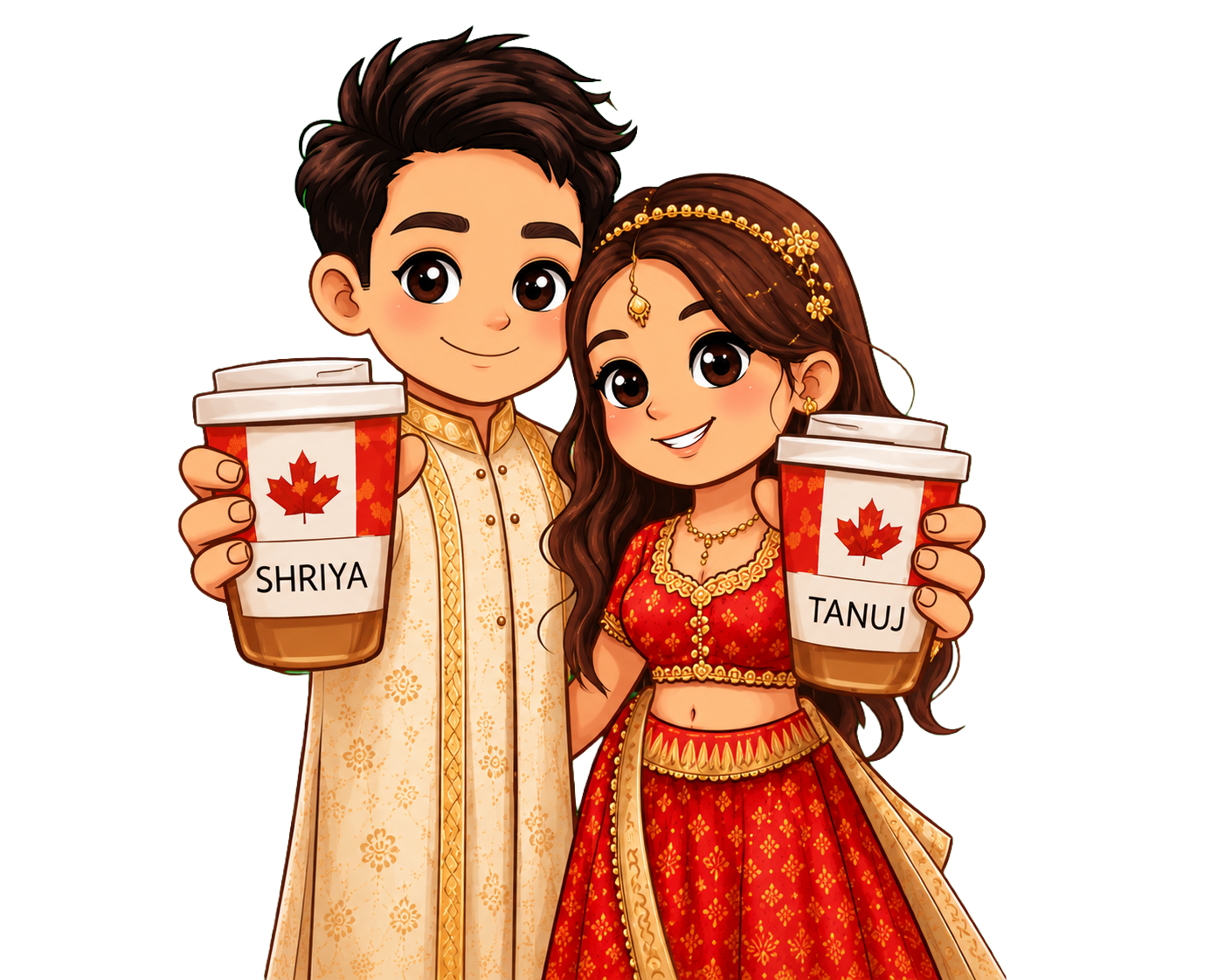 Shriya and Tanuj holding coffee cups labelled with their names