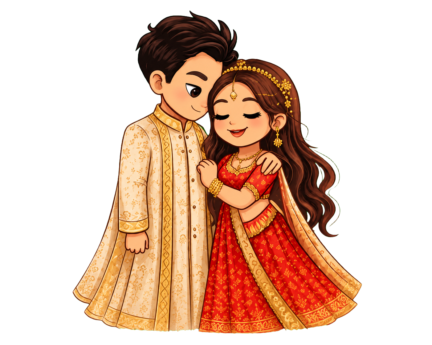 Shriya and Tanuj embracing in traditional wedding attire