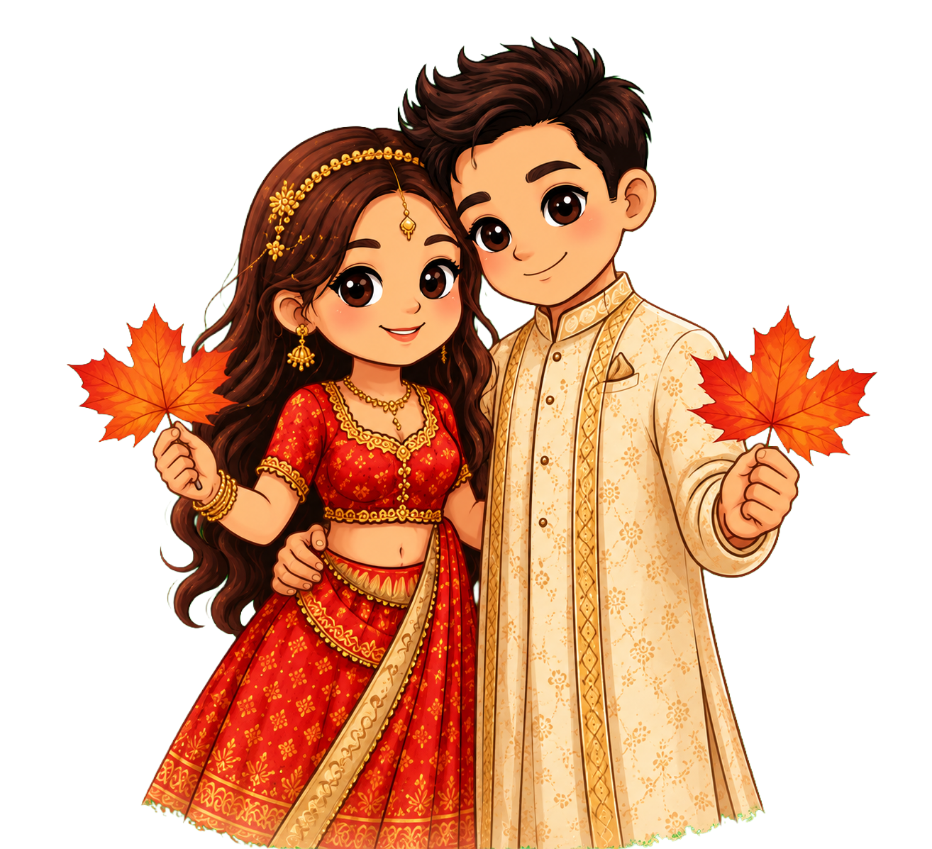 Shriya and Tanuj holding maple leaves