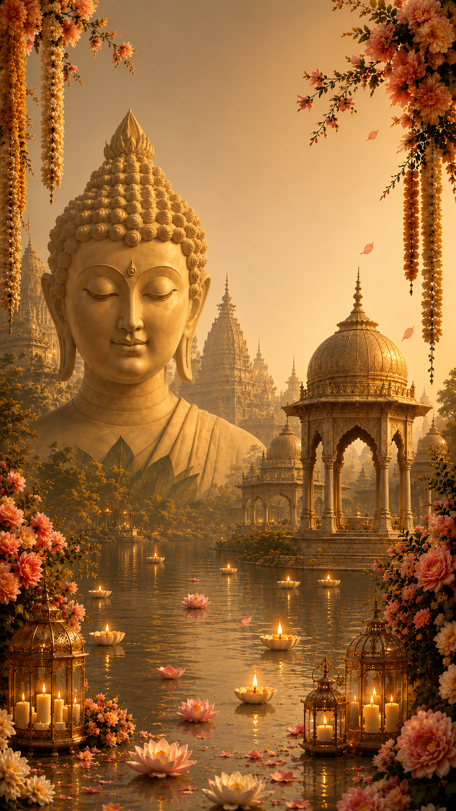 Serene Buddha scene with flowers, lanterns and floating candles