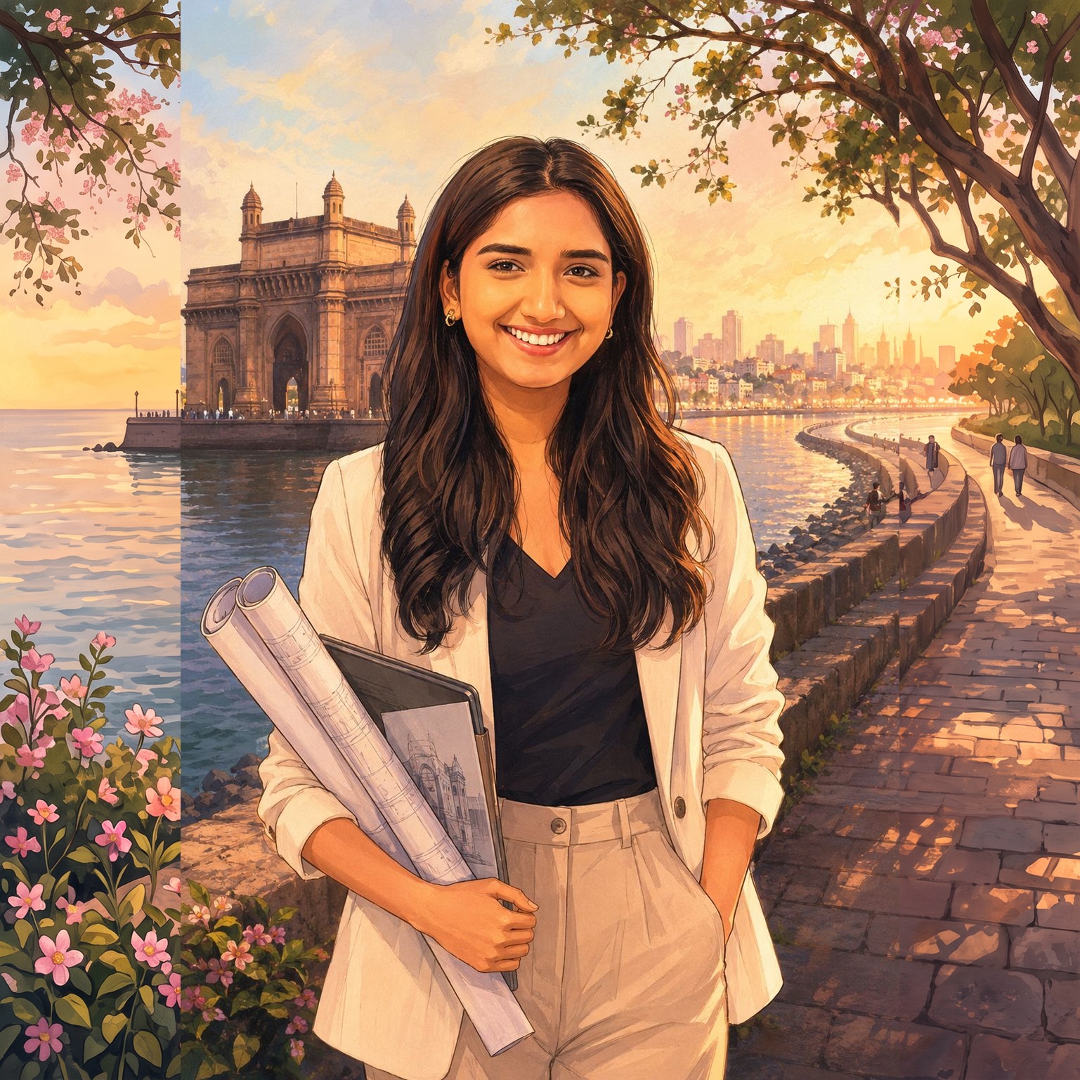 Shriya by the Gateway of India in Mumbai holding architectural drawings